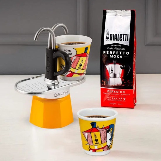 Bialetti Mini Express Lichtenstein + 2 Espresso Fincanı Bialetti Mini Express Lichtenstein + 2 Espresso Fincanı – orijinal Bialetti moka pot