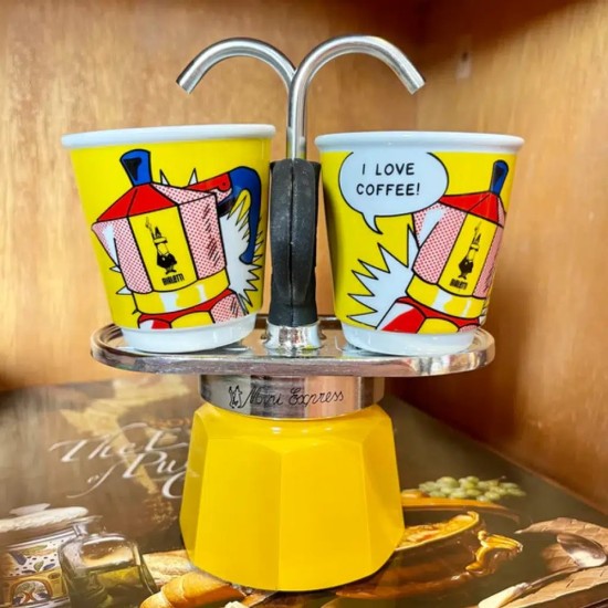 Bialetti Mini Express Lichtenstein + 2 Espresso Fincanı Bialetti Mini Express Lichtenstein + 2 Espresso Fincanı – orijinal Bialetti moka pot