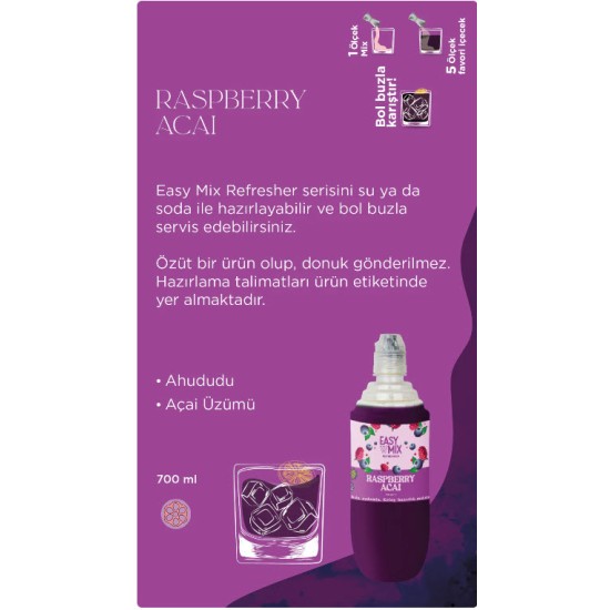 Easy Mix Raspberry Açai aromalı içecek bazı 700 ml Easy Mix Raspberry Açai 700 ml şurup şişesi