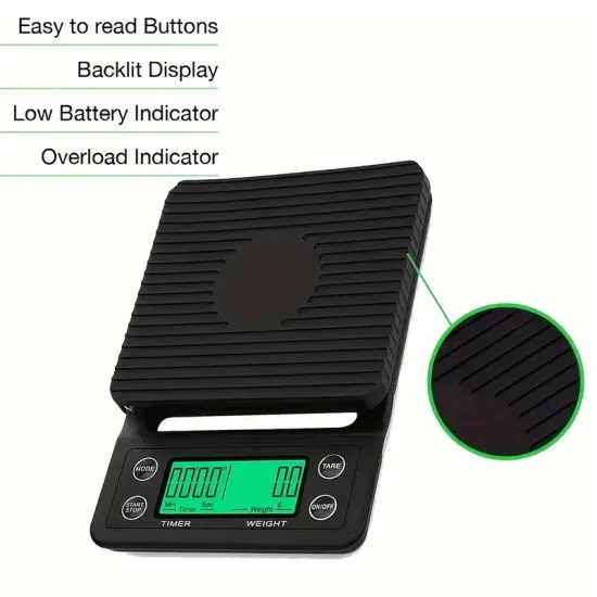 Zamanlayıcılı 3 Kg Hassas Kahve Terazisi – 0.1 Gram Hassasiyet Zaman Ayarlı Hassas Kahve Terazisi 0.1gr Hassasiyet 3 Kg